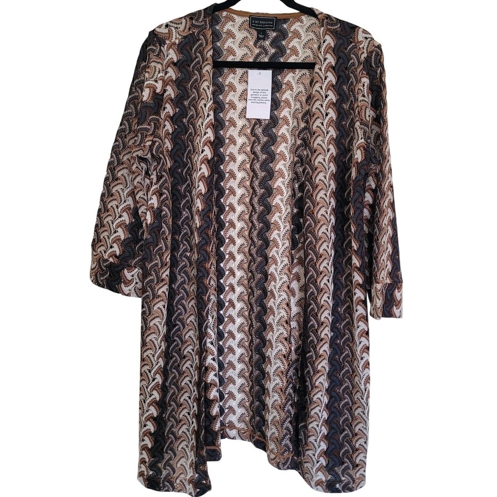 NWT G by Giuliana Lace Sheer Cardigan L Brown Black Cream Geometric 3/4 Sleeve